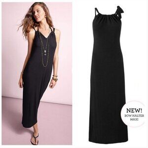 CABI 5383 Bow Halter Maxi Dress Black S Stretch Jersey Long Dress Slinky Women